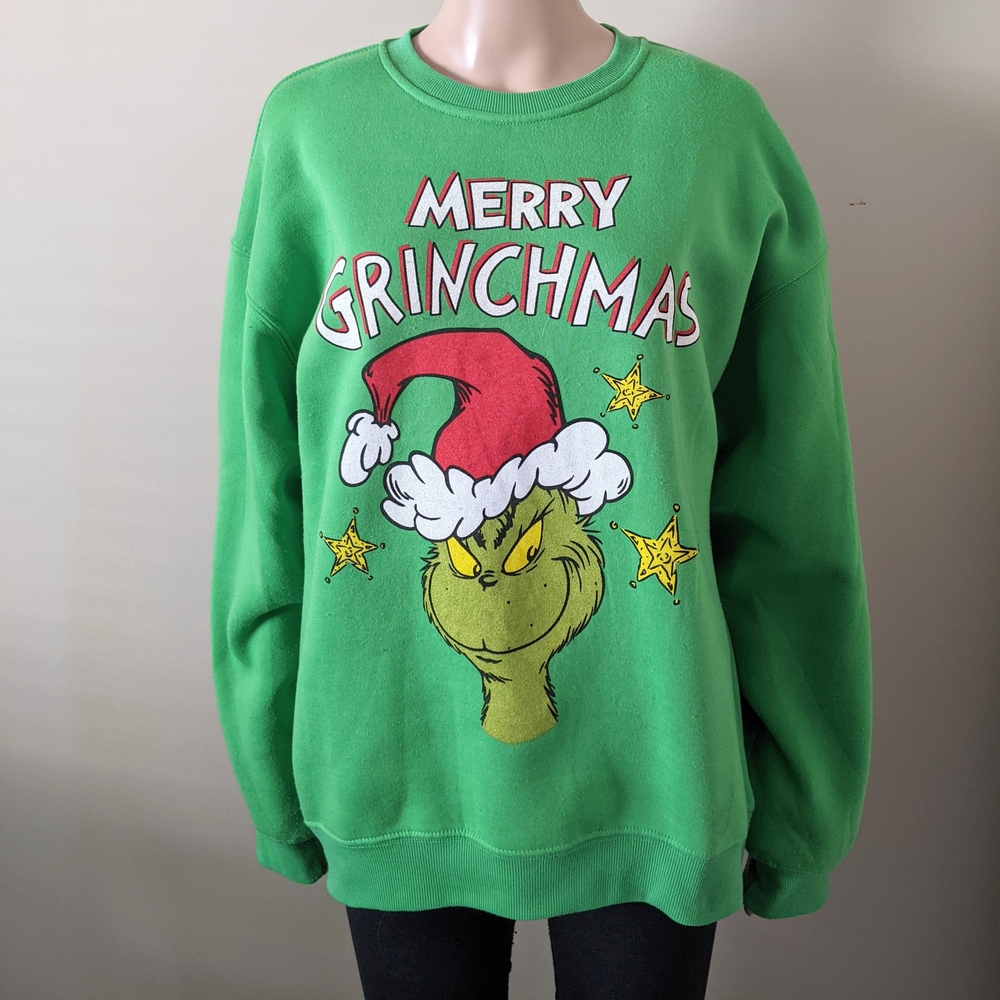 Grinchy Ugly Christmas Green Crewneck Sweater, Size Medium